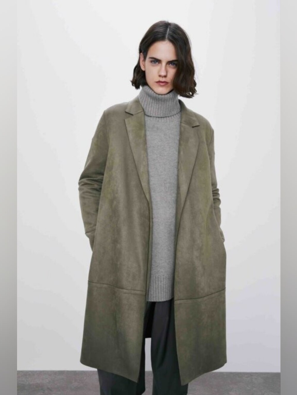 ZARA Faux Suede Long Coat in Light Khaki / Olive Green - Size XL